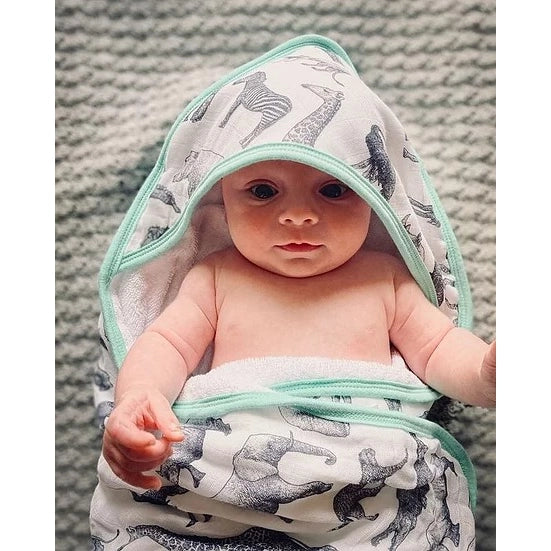 Premium Bamboo Muslin Hooded Towel & Washcloth Set -Safari
