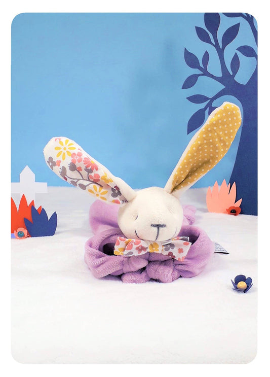Doudou lapin nœud pap' lavande/fleurs rétro - Bunny in Lavender