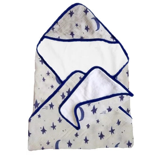 Premium Bamboo Muslin Hooded Towel & Washcloth Set - Midnight Stars