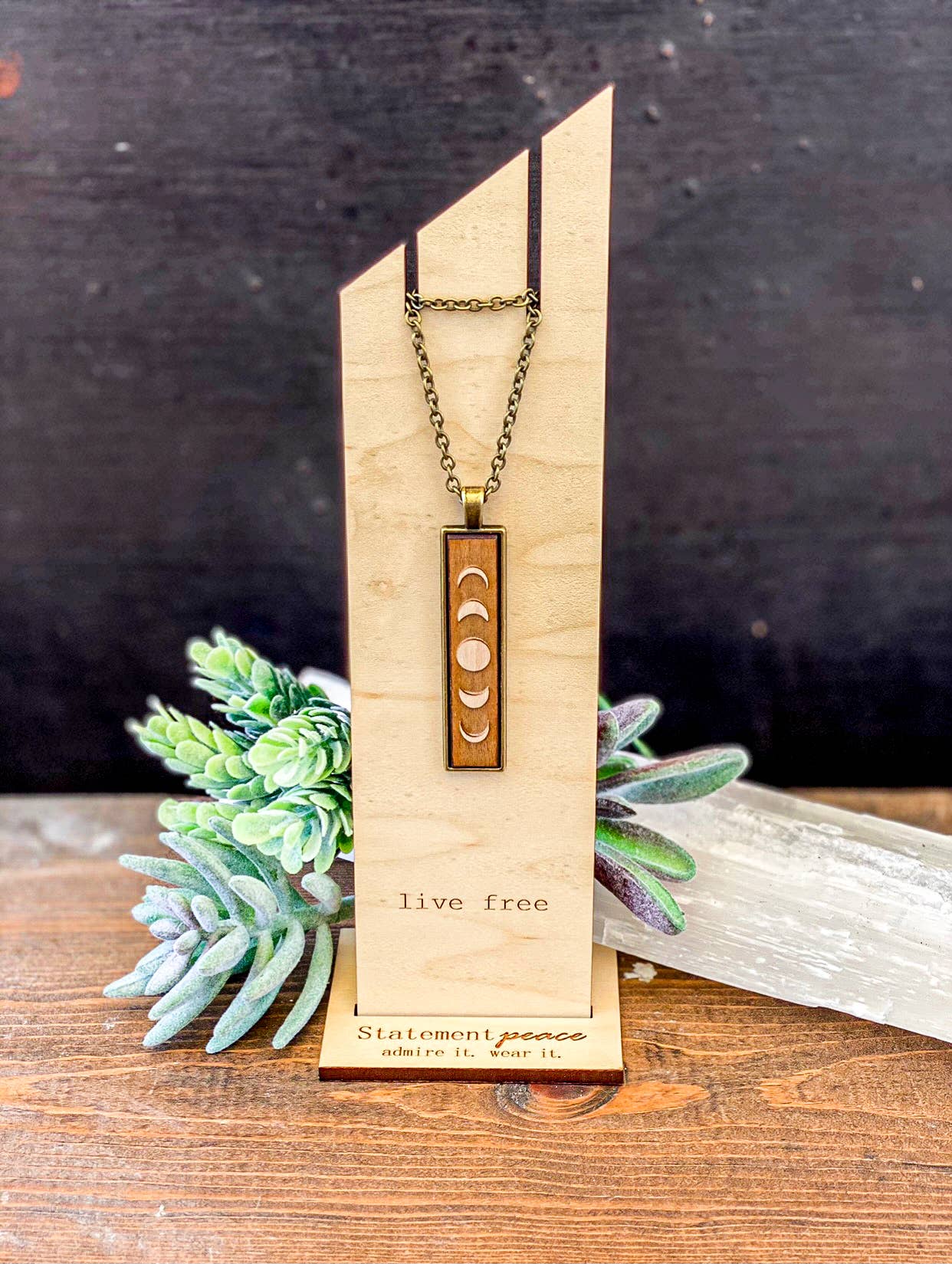 Moon Phase Drop Wooden Necklace