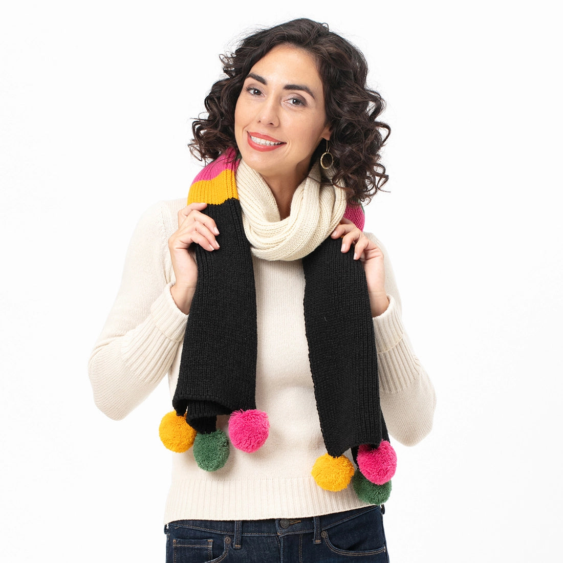 Piccadilly Stripe Black Knit Pom Pom Scarf