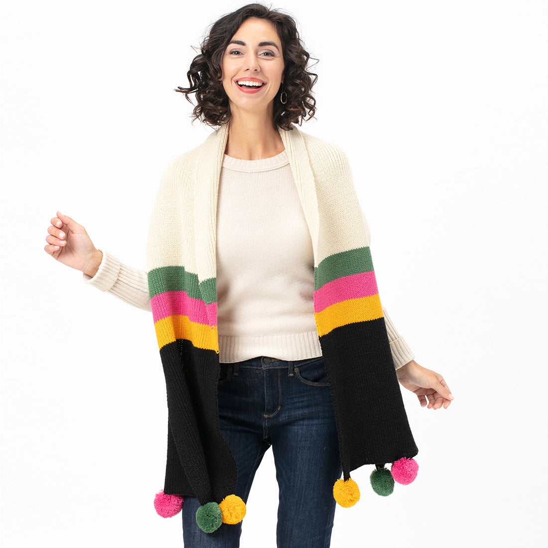 Piccadilly Stripe Black Knit Pom Pom Scarf